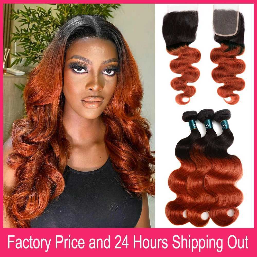 Ombre Orange Human Hair Bundles With Clo Brazilian Body Wave 1B/350 Human Hair Weaving And 4x4 Swiss Lace Clo Free PartXJ250120