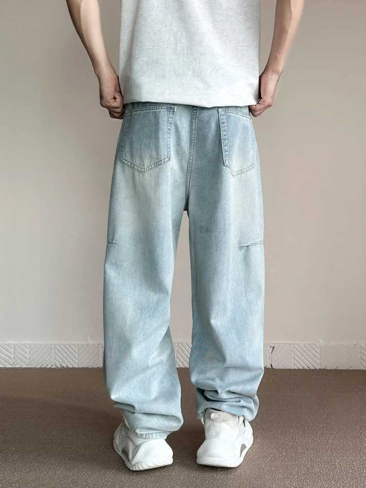 Mens Baggy Wide Legs Jeans Korean Fashion Streetwear Light Blue Patchwork Trend Y2K Loose Pants Washed Male Trousers W250118