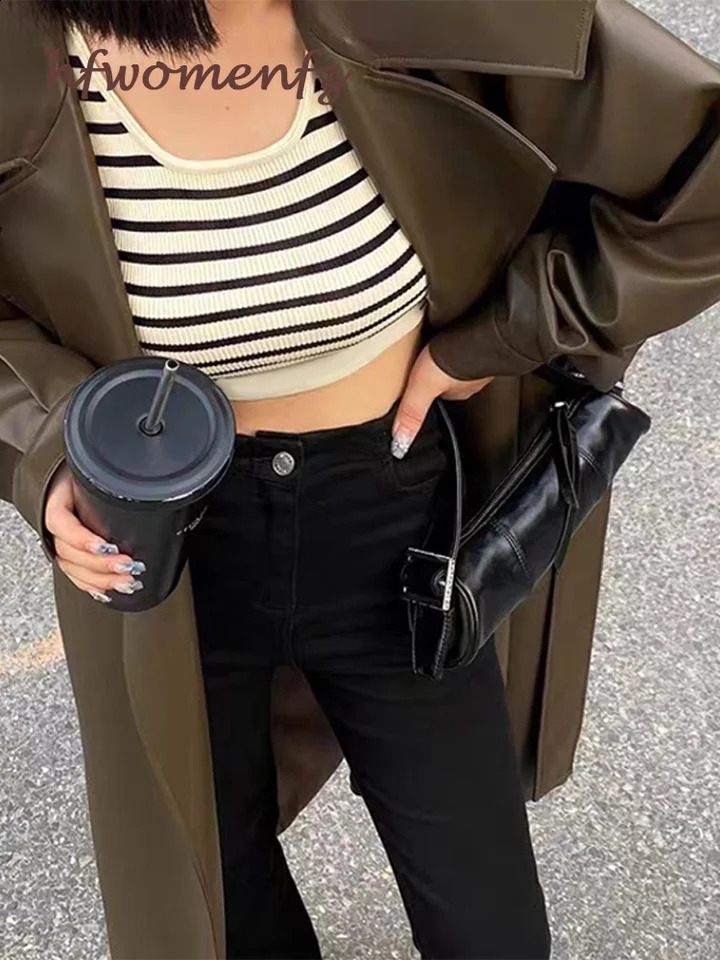 Street Leather Women Trench Coat With Belt Loose Lapel Full Sleeve Lace Up Pockets Long Windbreaker Autumn Winter Outwears 250118