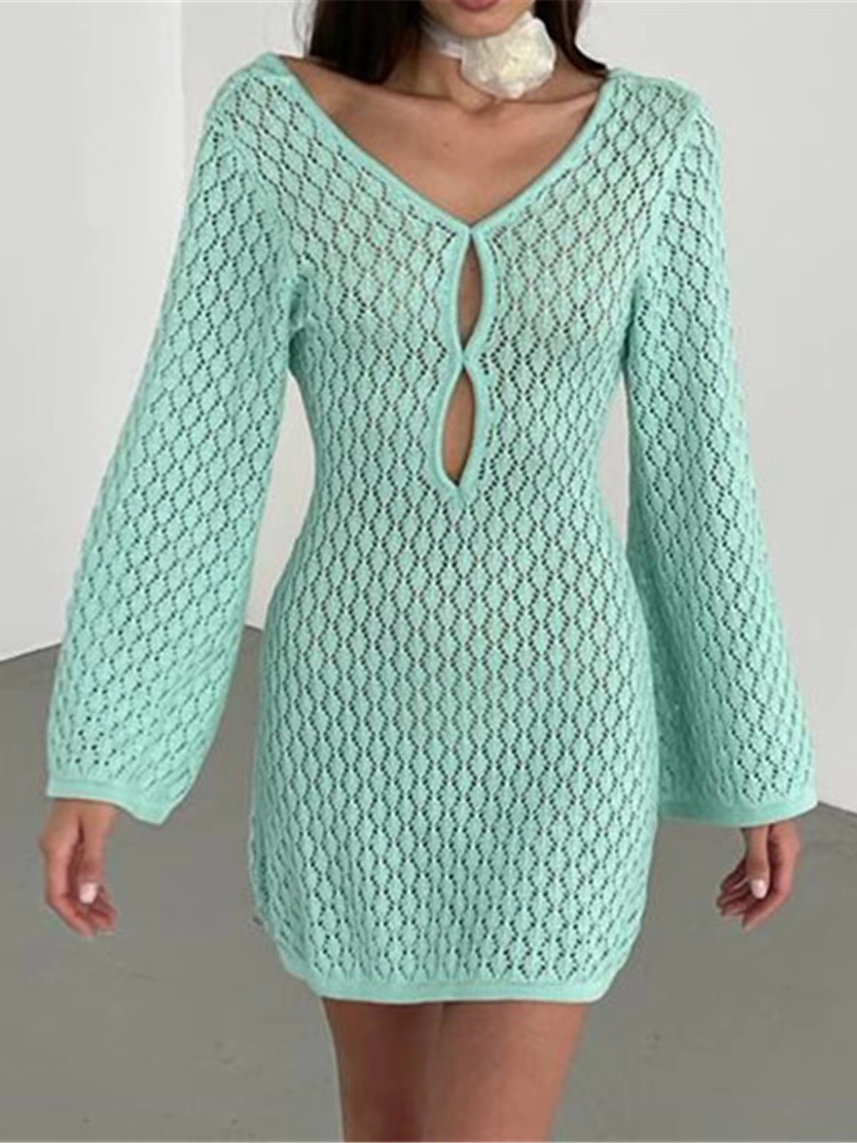 Long Sleeve Cut Out Backless Crochet Knitted Tunic Cover Up Cover-Ups Dress Beach Wear Beachwear Female Women K5436