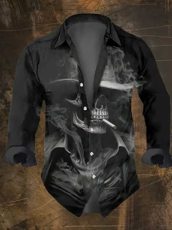 Mens Vintage Dark Skull Print Long Sleeve Shirt - Skull Print Lapel Collar Regular Fit Polyester BlendAll-Season WearXJ250121
