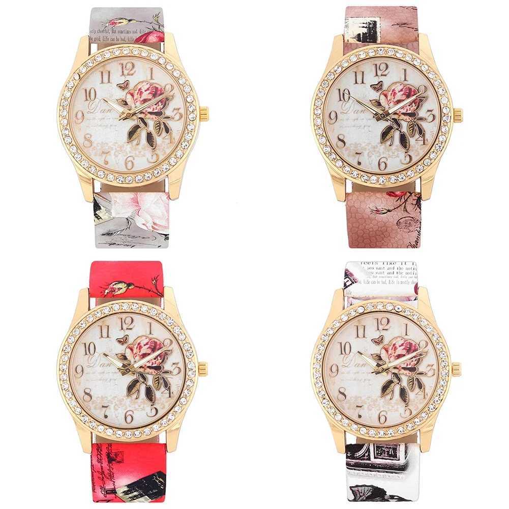 Fashion Watches Men Rhinestone Inlaid Flower Round Dial Faux Leather Band Quartz Watch Fashion Quartz Wristwatch Men Watches X250203