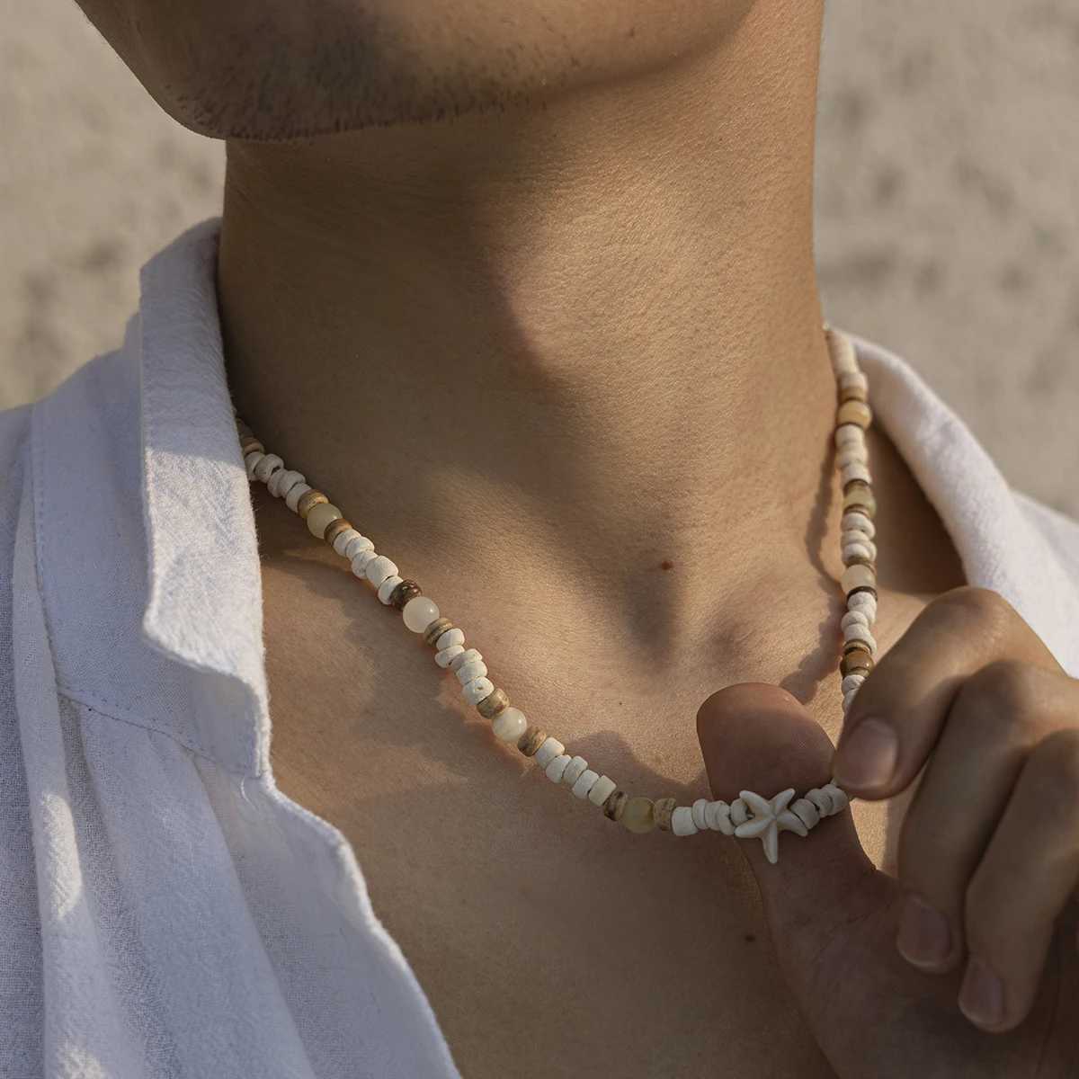 KunJoe Summer Coconut-husk Wood Beads Starfish Choker Necklace for Men Bohemian Natural Stone Clavicle Chain Male Street JewelryXJ250121