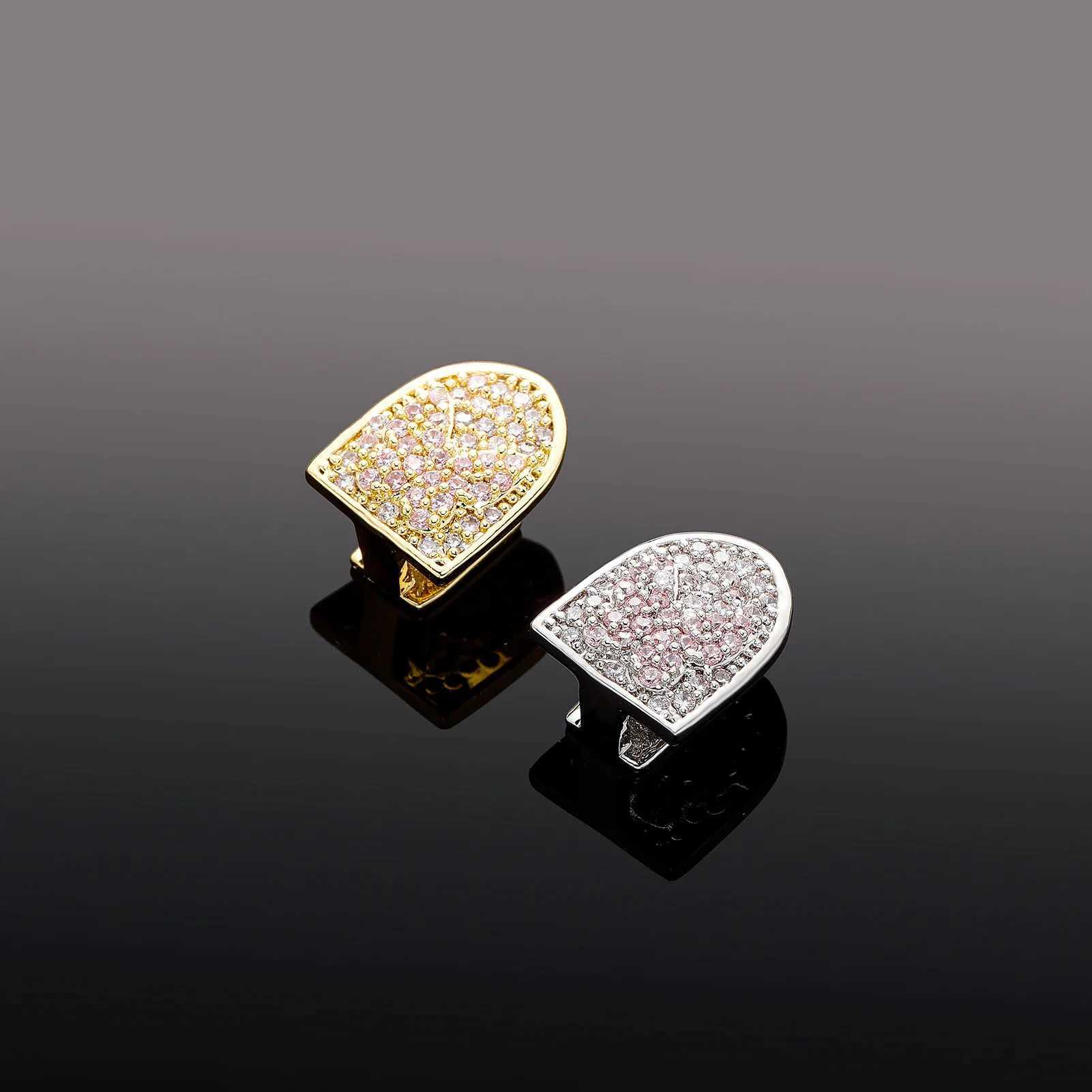 RACHELZ Hip Hop Pink Butterfly Pattern Zircon Single Teeth Grill 14K Gold Plated CZ Stone Tooth Caps Dental Grills For Women MenXJ250114