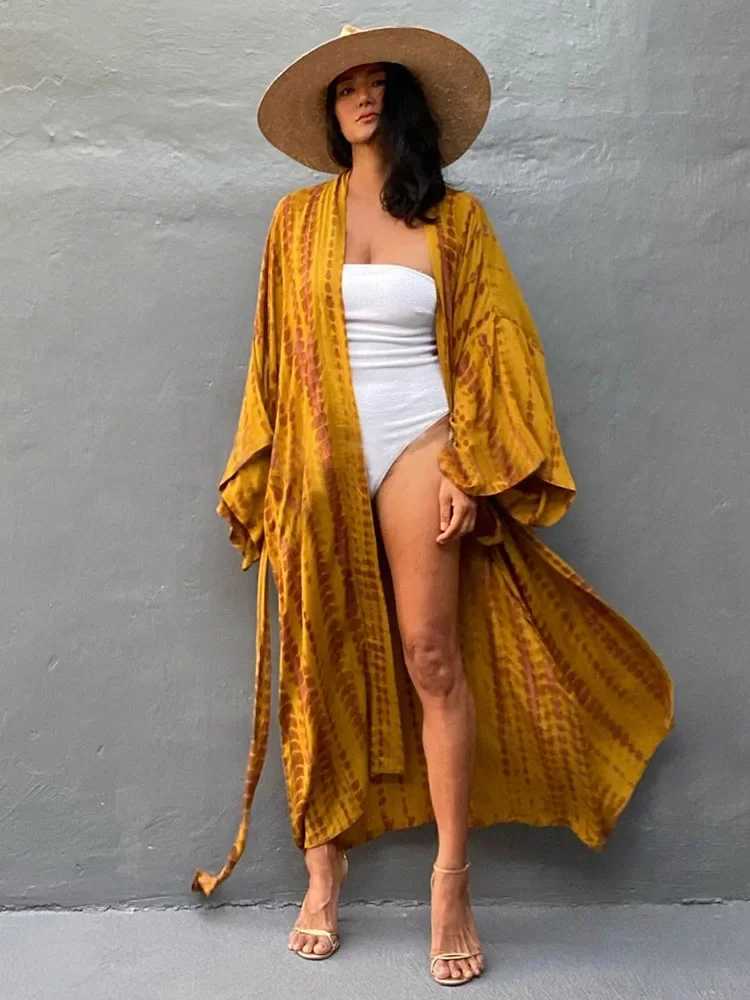 Bohemian striped tie swimsuit cover with Tunic Sarong cardigan Dr 2023 womens bikini cover beach wearing kimono Pareo W250120