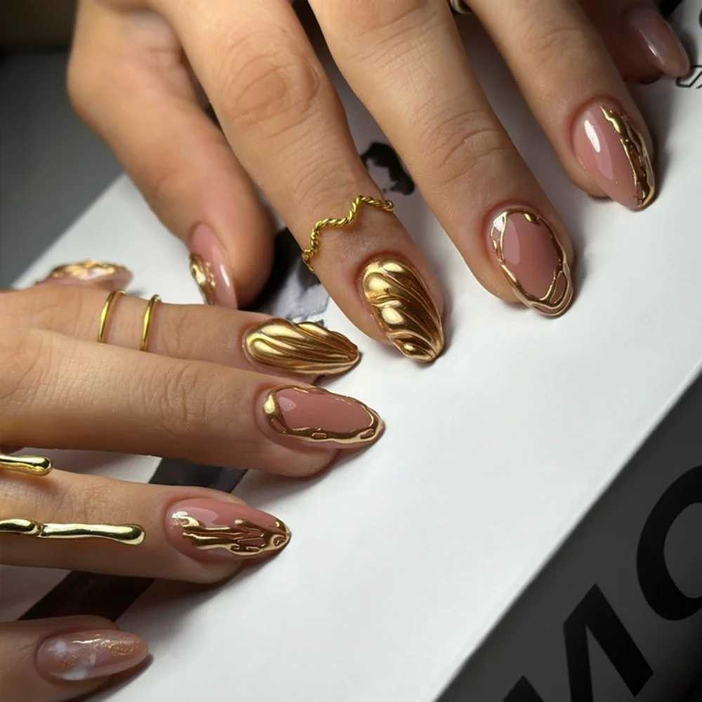24pcs 3D Silver On Almond False Nails Press on Solid Color Fake Nails Art Round Head Wearable Manicure Set Finished DatachableW250120