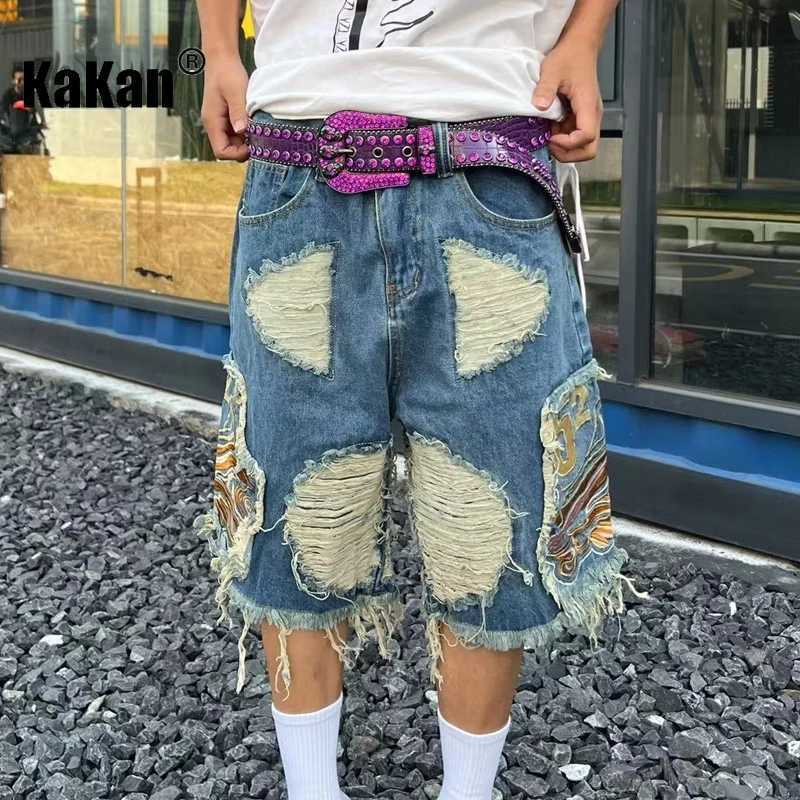 Kakan-Europe and The United States New Embroidery Fringe Jeans Mens High Street Broken Hole Shorts Jeans K27 X250203