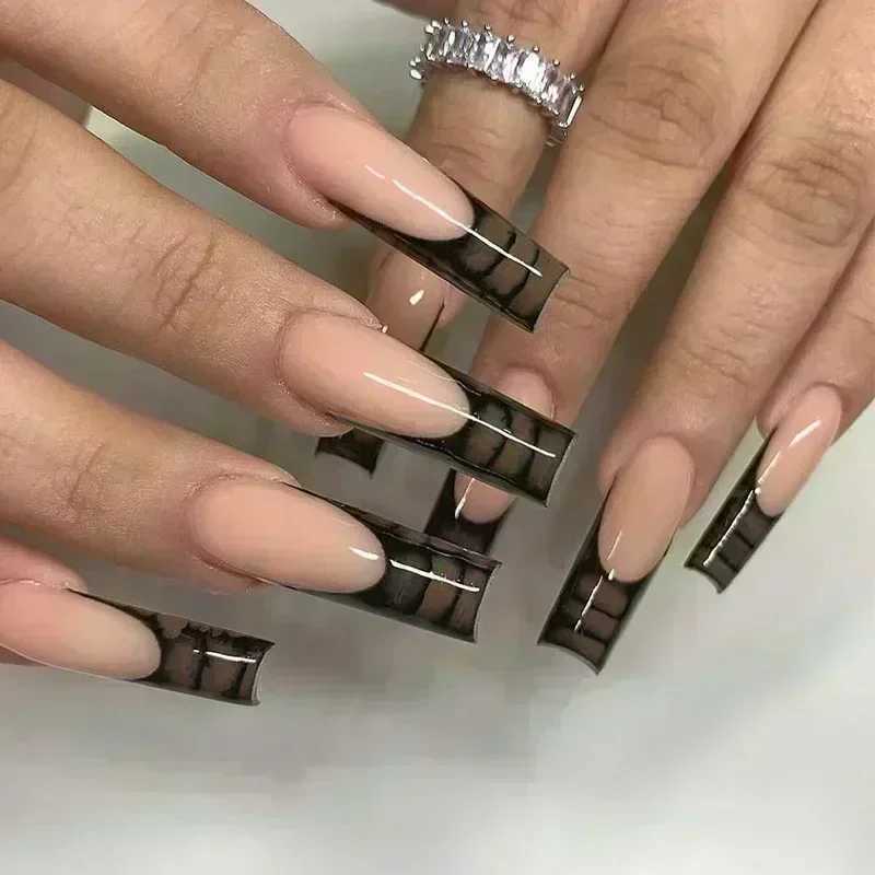 24Pcs Wearable False Nails with Glue Long Ballerina Pink Press on Nails French Full Cover Coffin Fake Nails Tip with RhinestonesW250120