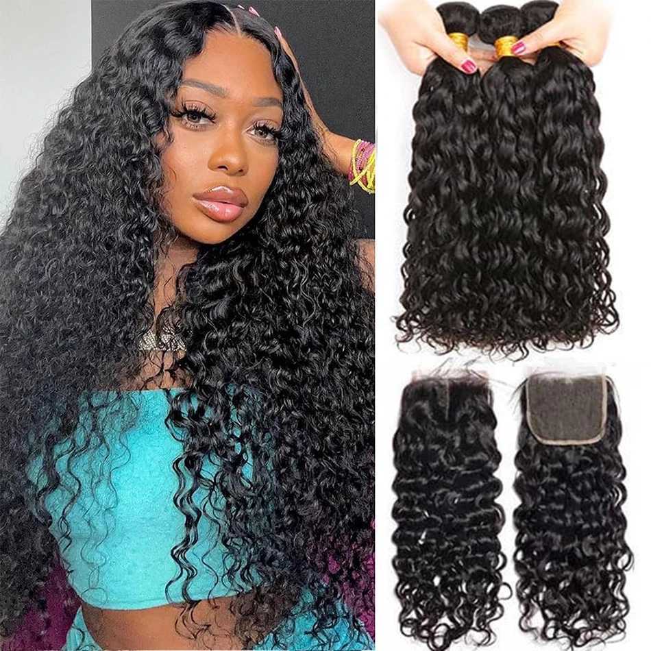 12A Water Wave Bundles With Clo Wet and Wavy Unprocessed Brazilian Kinky Curly Wavy Human Hair Bundles With Lace Clo 4x4XJ250120