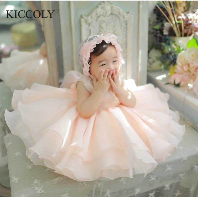 Infant Flower Girl Gowns Layered Tulle Beaded Dresses For Girl Party Princess Girl Clothes For 1 Years Birthday Baptism Dresses X250203