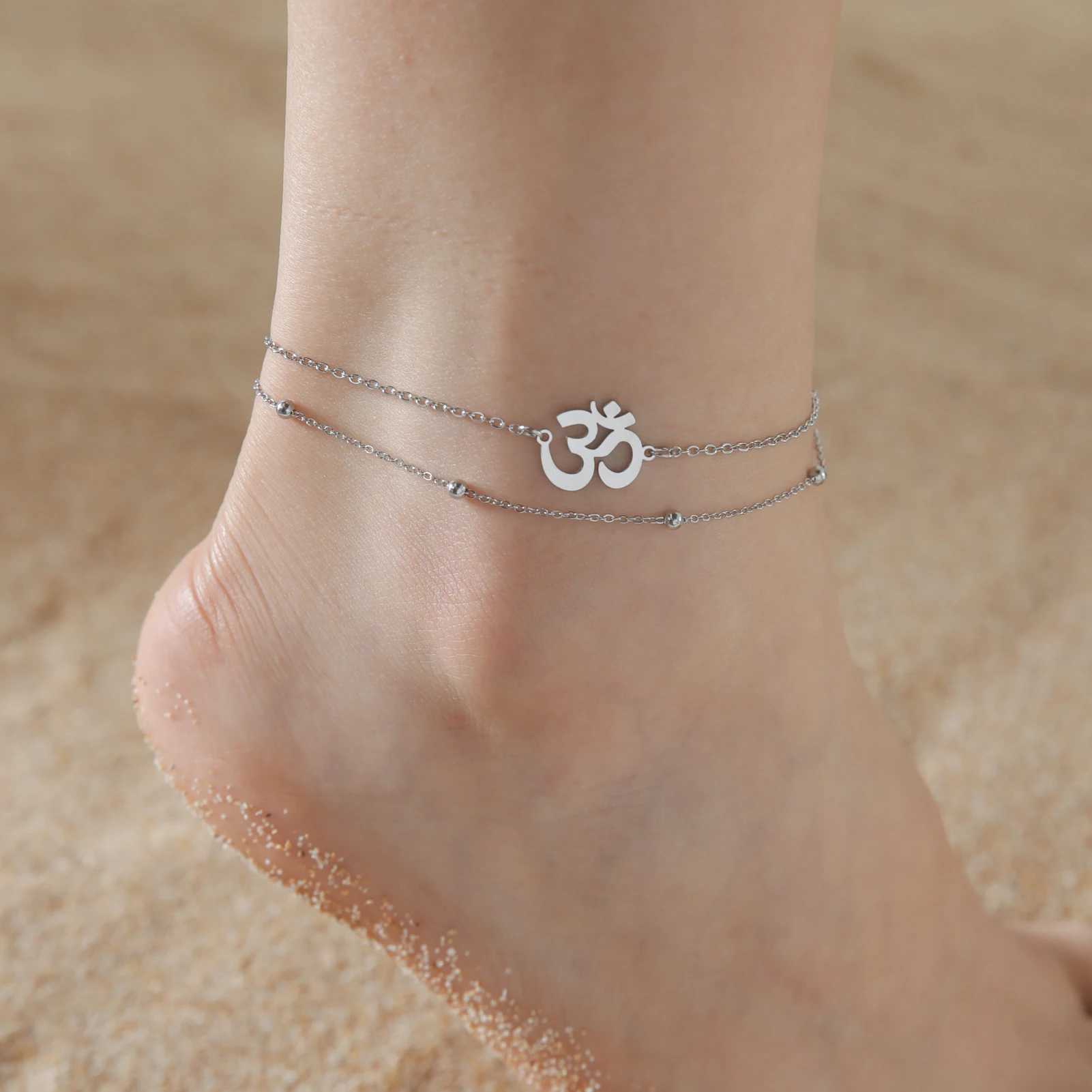 Skyrim Indian Buddhism Yoga OM Anklet Women Stainl Steel Double Layer Beads Chain Ankle Bracelet Amulet Summer AccoriesXJ250121