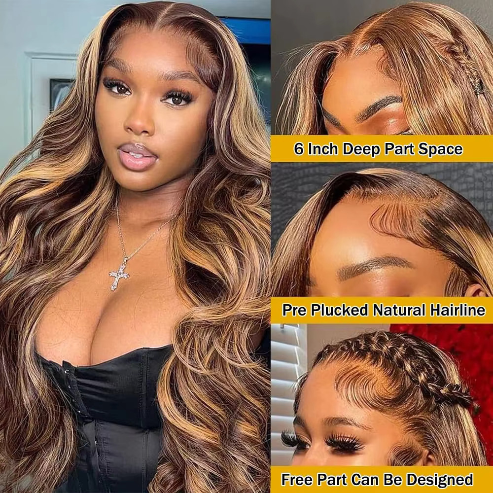Highlight Body Wave 13X6 Frontal For Women 4/27 Brown Colored 13X4 Transparent Lace Front Human Hair Wig Pre Plucked
