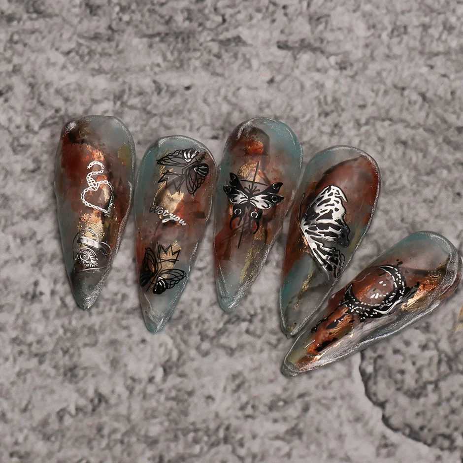 3D Metallic Silver Nail Stickers Butterfly Ink Moon Heart Sliders Charms Lock Dark Black Foils Nail Decor Jewelry Accessory SASWXJ250120