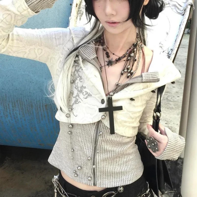 Y2k Harajuku Gothic Women Knit Cardigan Hooded Zip Up Patchwork Japanese Fashion Sweaters Slim Gyaru Grunge Autumn 250122