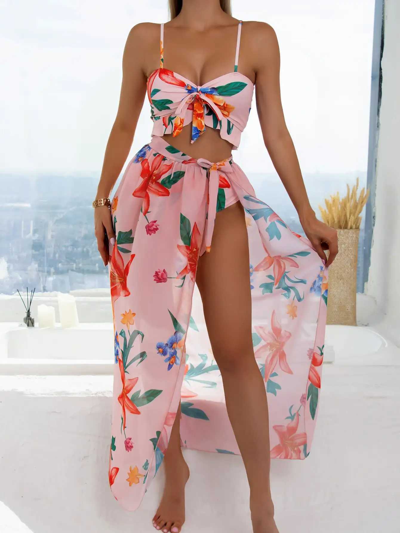 3 Pieces Floral Print Knot Front Bikinis 2024 Women Ruffle Swimwear Fe High Waist Swimsuit With Beach Skirt Bathing SuitXJ250120