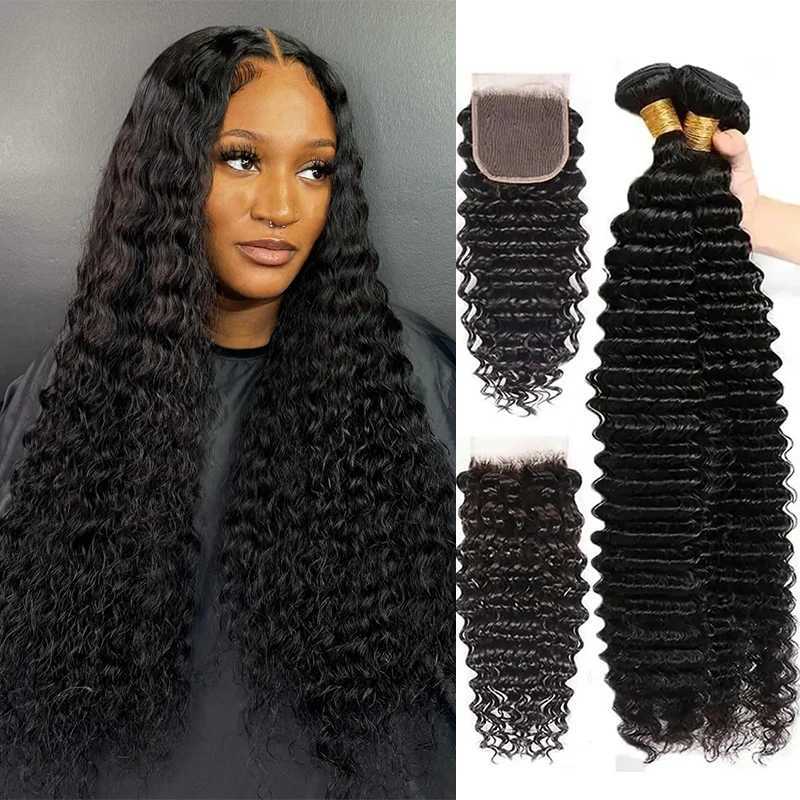 Deep Wave Human Hair Bundles With Clo 4x4 Transparent Lace #1B Color Wet and Wavy Virgin Human Hair Extensions For WomenXJ250120