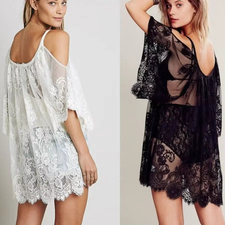 Off Shoulder Beach Cover Up Pareo Playa Coverup Dress Vestido Livre Swimsuit Wear Swimwear White Lace Women Beachwear