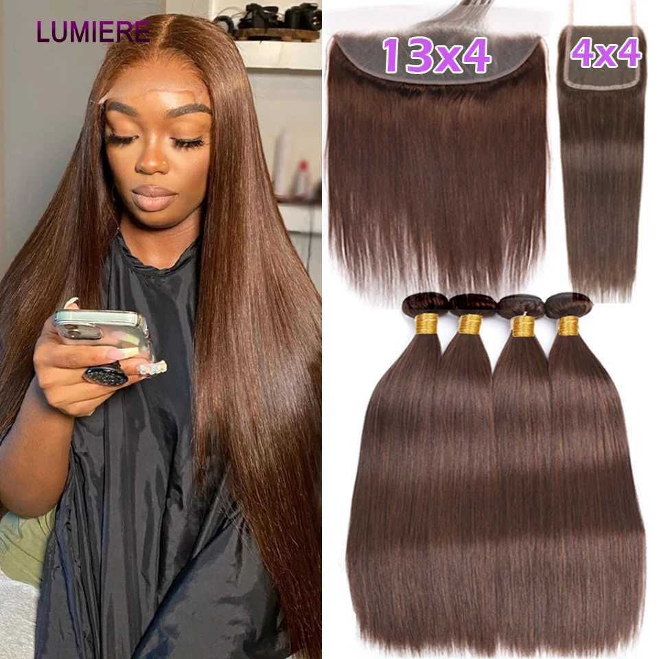 Cheap Chocolate Brown Bone Stright Bundles With Lace Clo And Frontal Brazilian Remy Raw Human Hair Weave Bundle With CloXJ250120
