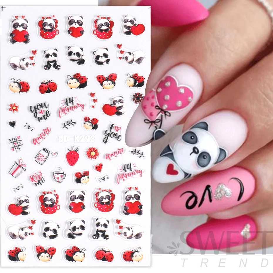 Cute Valentine Nail Stickers 5D Embossed Cartoon Panda Ladybug Doll Red Heart Letter I Love You Engraved Slider Nail Art DecorXJ250120