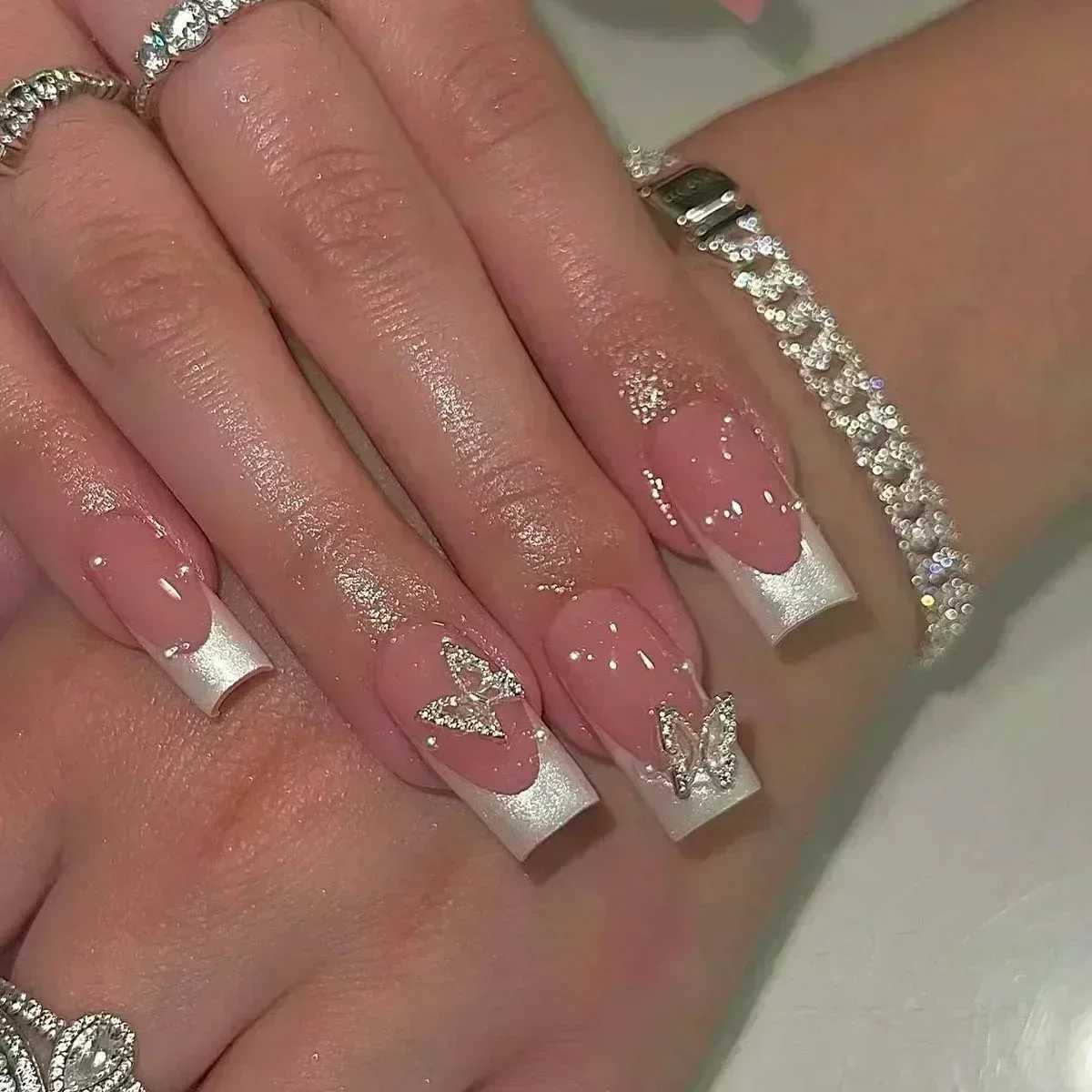 24pcs False Nails with glue butterfly design Long Coffin French Ballerina Fake Nails Full Cover acrylic Nail Tips Press On NailsW250120