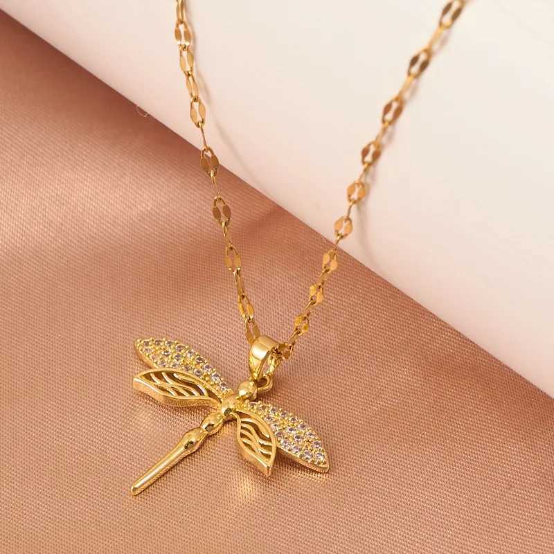 Hollow-out Dragonfly Pendant Necklace with Titanium Steel Chain and Micro-inlaid Zircon Stylish Womens AccessoryXJ250121