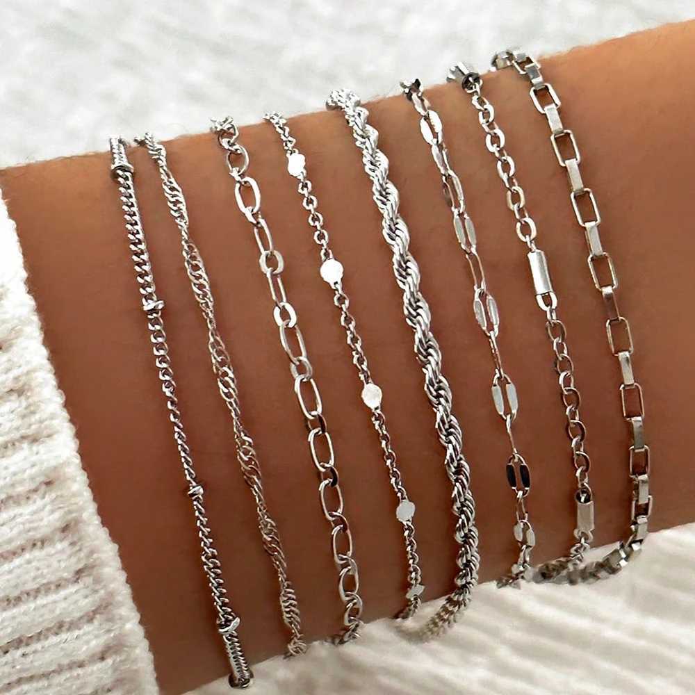 8pcs Elegant Chic Minimalist Thin Stackable Metal Silver Color Heart Chain Bracelets Set for Women Daily Match Bracelet Jewelry W250121