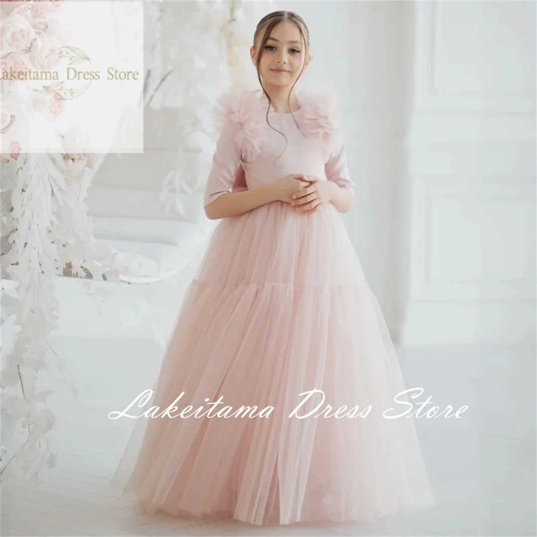 Pink floral girl dress sheer with bow and half sleeves used for weddings birthdays parties banquets princess dresses X250203