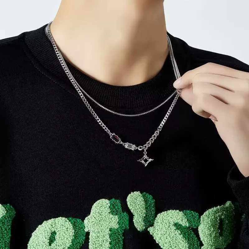 2024 New Y2K Cuban Figaro Chain Star Moon Pendant Necklace Men Punk Black Zircon Chain Choker Necklace for Men Jewelry GiftsXJ250121