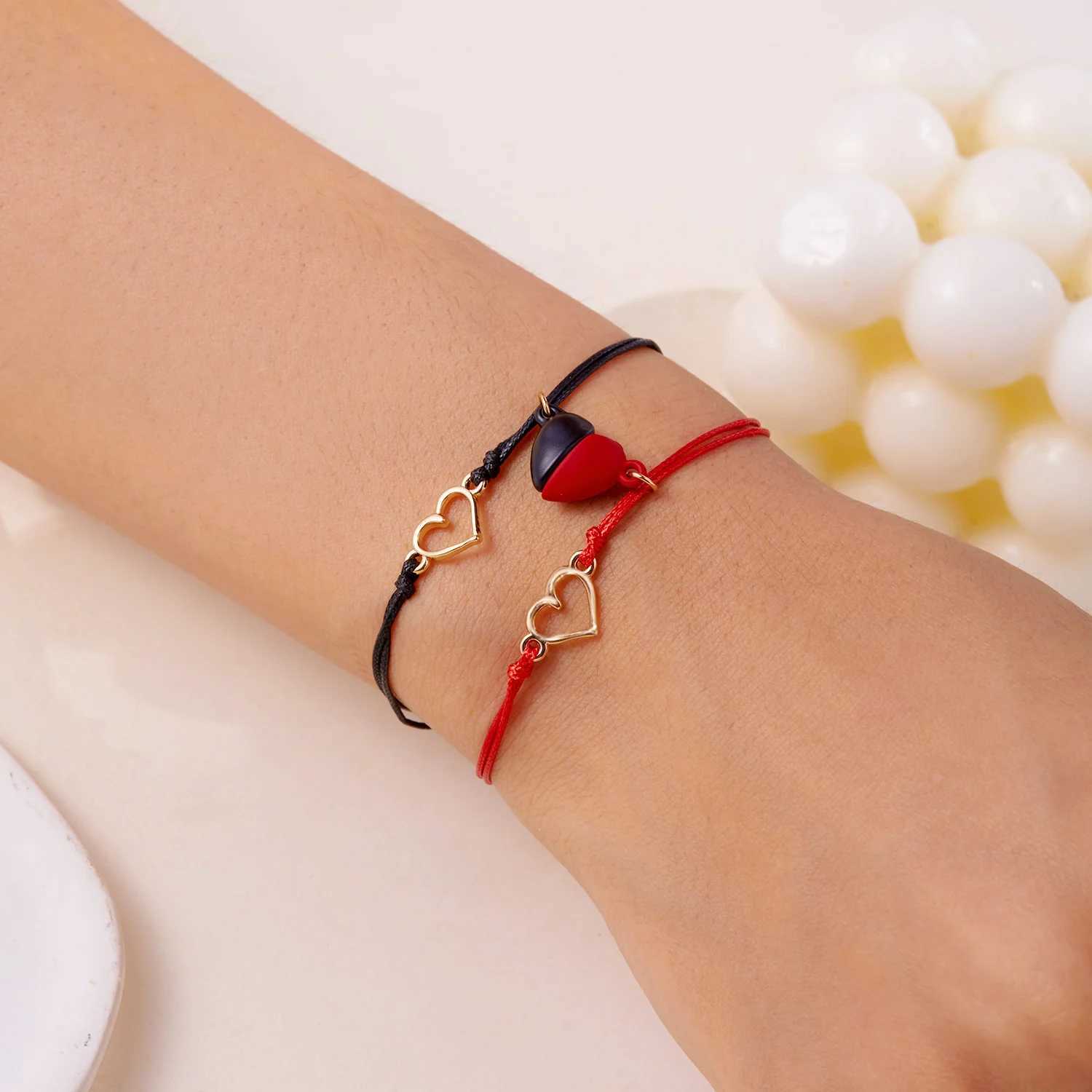 2 PC Magnetic Heart Bracelet Set for Women Couple Electrocardiogram ECG Rope Chain Friendship Valentines Day Jewelry Charm Gift W250121
