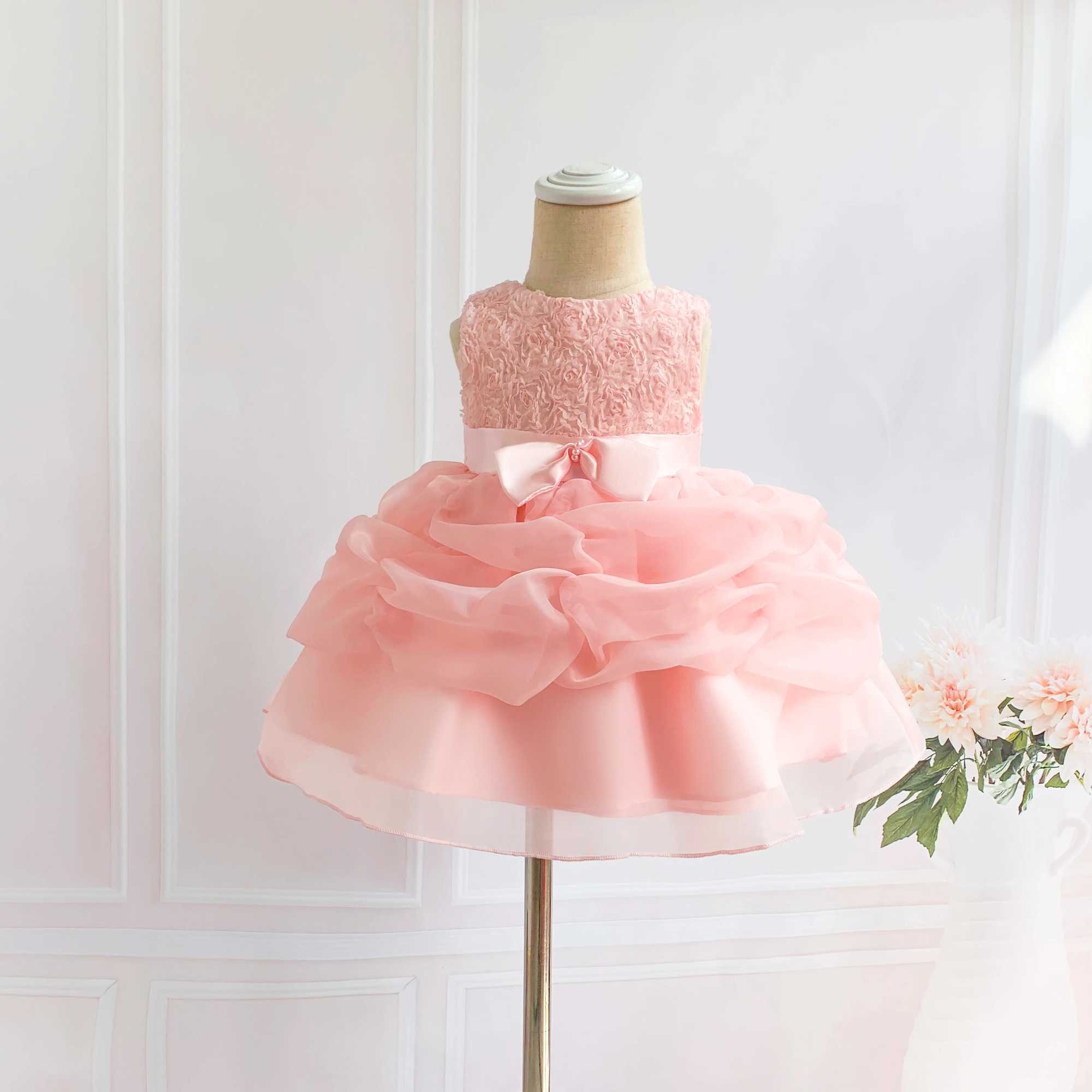 2 pcs set Pink Lace 1 Year Birthday Baby Girl Party Dress Baptism Infant Christening Gown Newborn Toddler Girl Wedding Dresses X250203