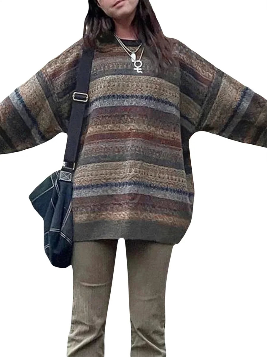 Women s Vintage Striped Print Sweater Round-Neck Long Sleeve Fall Loose Pullover Jumper Tops 250121