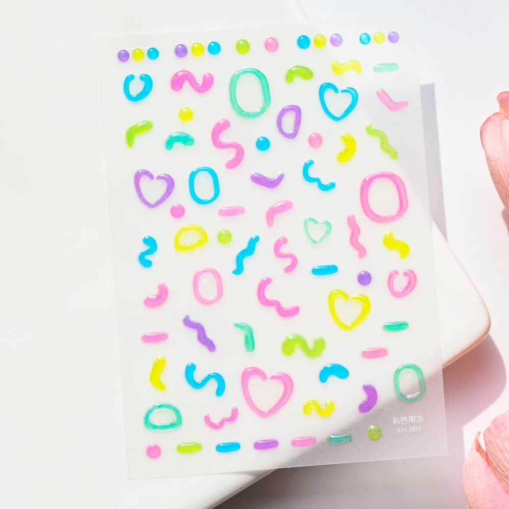 5D Jelly Line Letter Heart Cartoon Nail Stickers Colorful Relief Geometry Press On Nails Decals Decoration DIY Adhesive Sliders#XJ250120