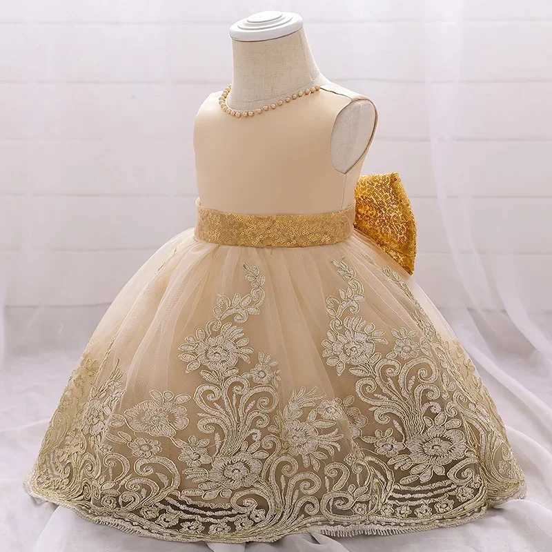 Big Bow Flower Champagne 1srt Birthday Dress Baby Girl Clothes Princess Party Baptism Dress Infant Dresses Toddler Costume X250203