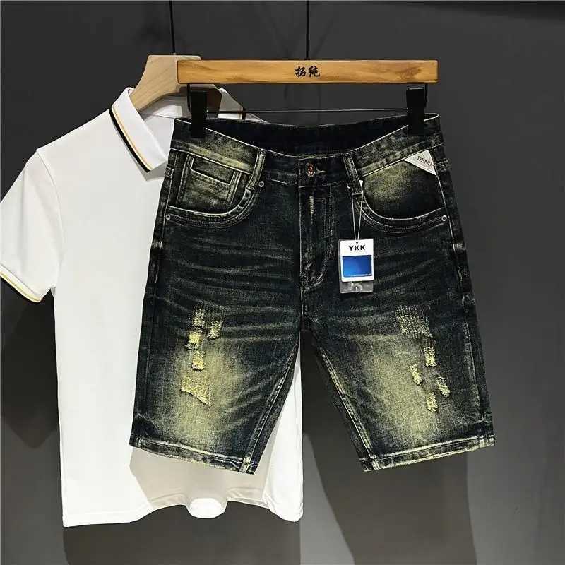 Retro yellow mud dyed denim jeans mens casual knee length high-end brand jeans luxury streetwear mens jeans X250203