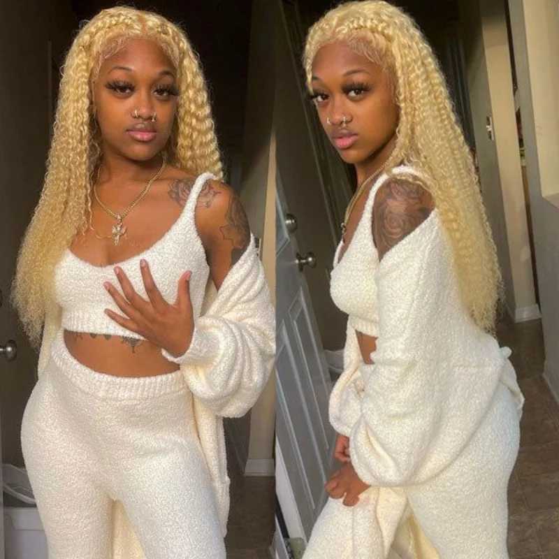 613 Honey Blonde Kinky Curly 4x4 Lace Clo Free Part Transparent Lace 100% Human Hair Pre Plucked With Baby Hair 10-20 InchesXJ250120