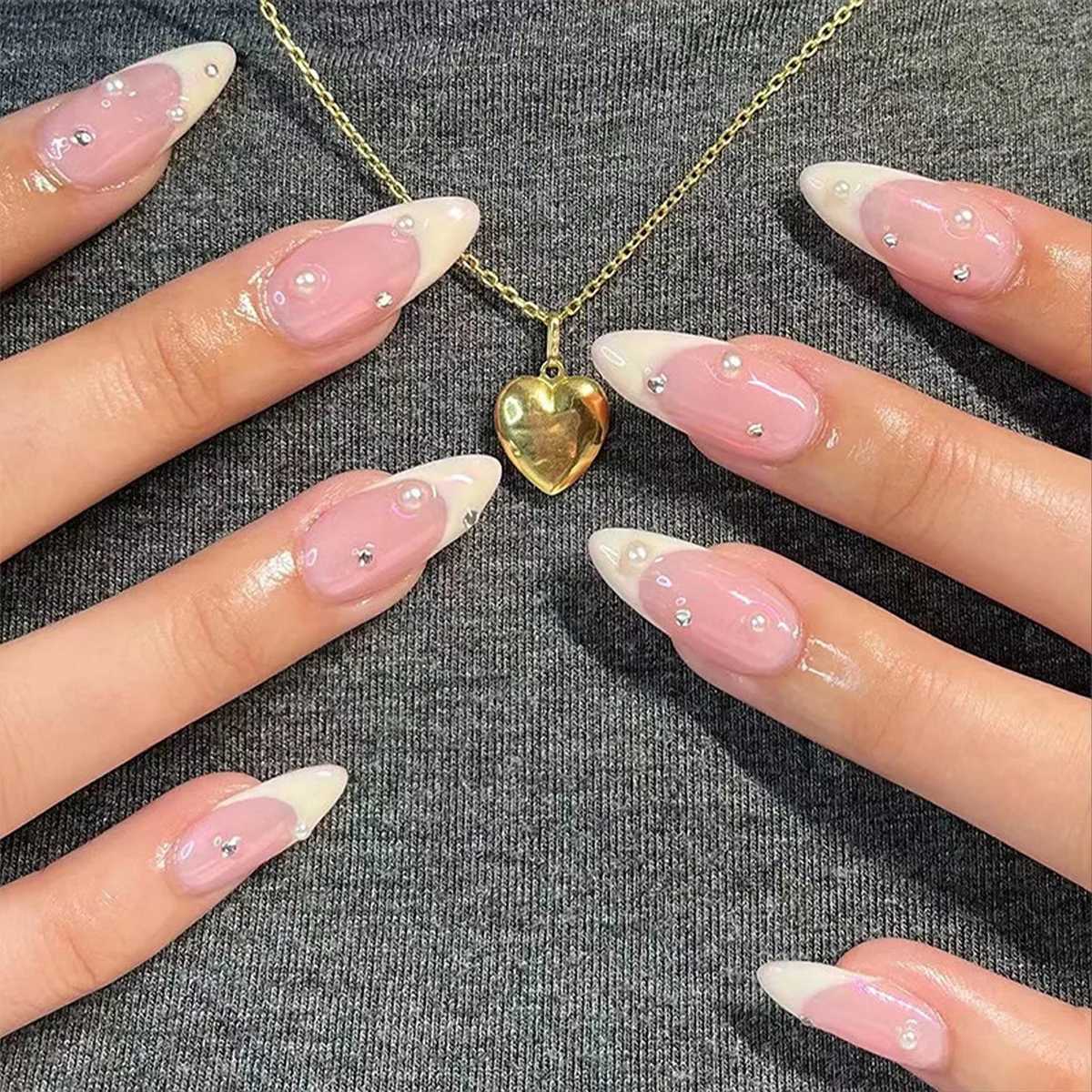 24 pieces of almond shaped fake nails with white edge design suitable for use with French press on fake nailsW250120