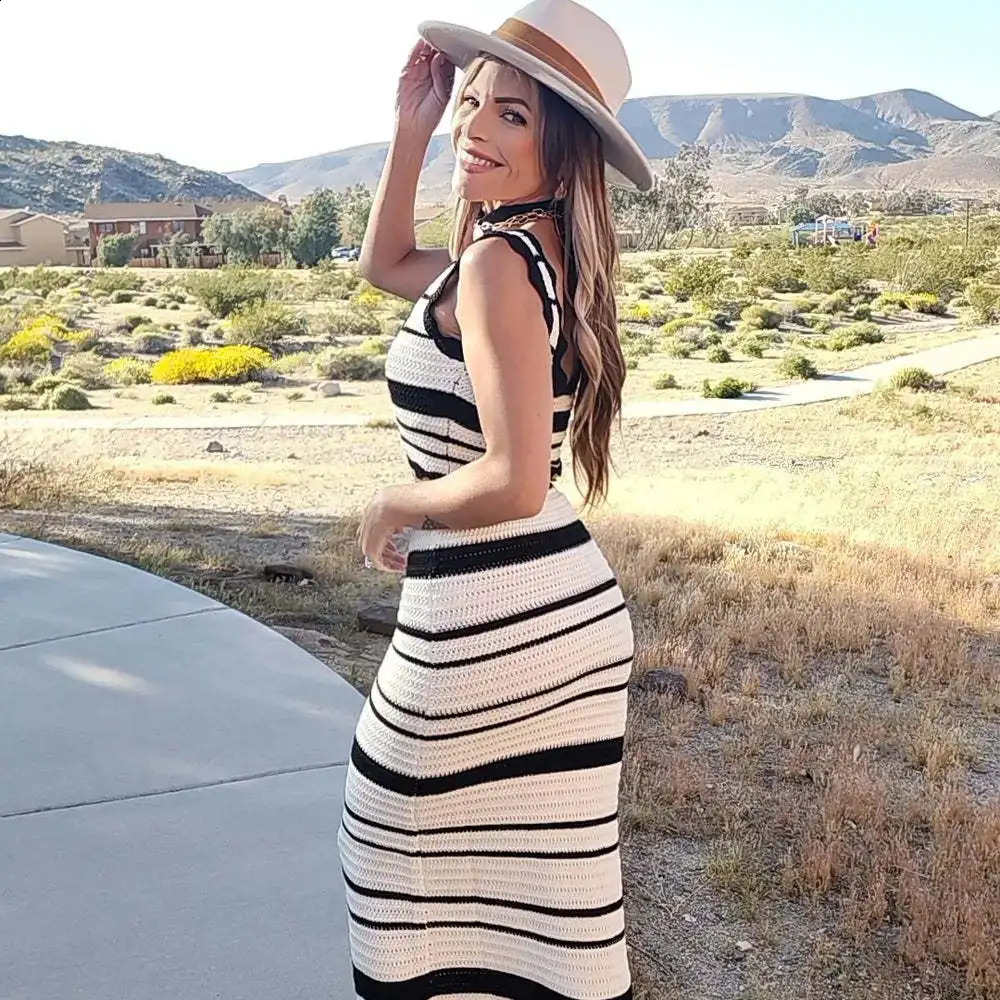 Summer Knitted Beach Skirt Sets Women Sexy Backless Slim Bohemian Outfits Fashion Striped Holiday Two Piece Matching Set 250118