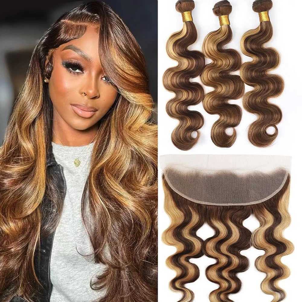#4/27 Bundle With Frontal Body Wave Honey Blonde Ombre Human Hair 3 Bundles With 13x4 HD Lace Frontal Highlight Colored BundlesXJ250120
