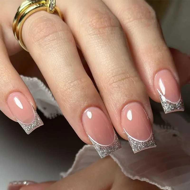 24Pcs Glitter Gradient White False Nails Set Short Square Head Press on Nails Wearable French Manicure Tips Full Cover Fake NailW250120
