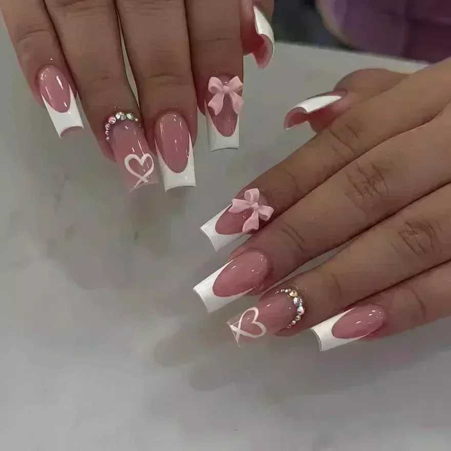 24pcs False Nails with glue butterfly design Long Coffin French Ballerina Fake Nails Full Cover acrylic Nail Tips Press On NailsW250120