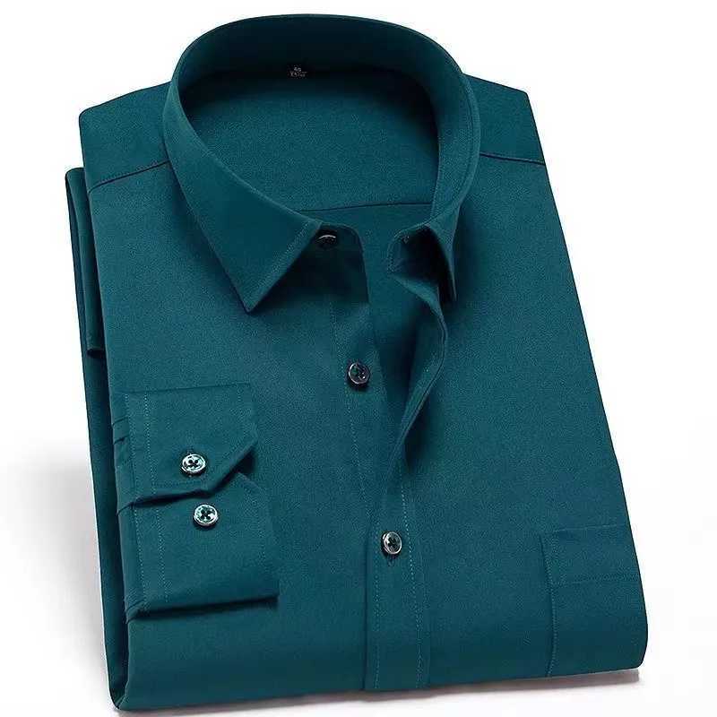 2024 Non-Iron Solid Stretch Shirts for Men Long Sleeve Dress Shirt Men Regular Fit with Front Pocket Soft Easycare Formal TopXJ250121