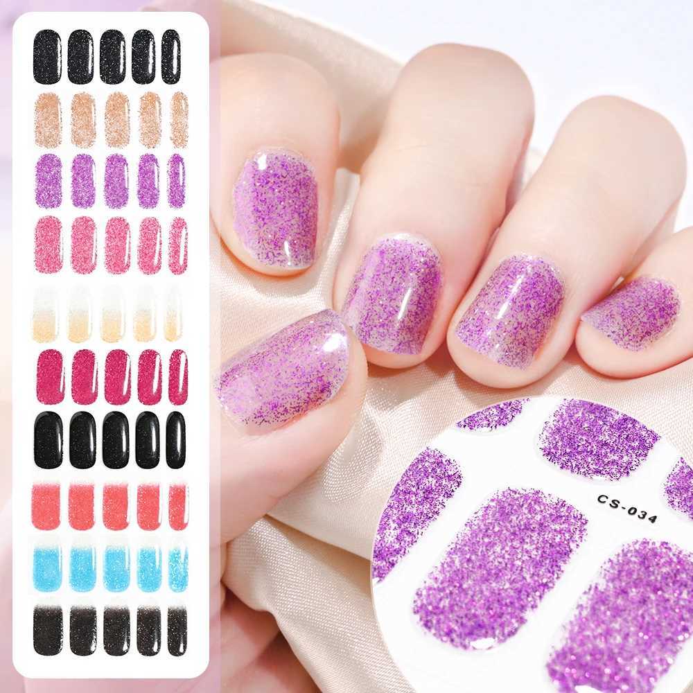 16Tips UV Semi-Cured Gel Nail Art Stickers Glitter High-Gloss Water-Proof Polish Wraps Full Cover Manicure Press On Nails PatchXJ250120