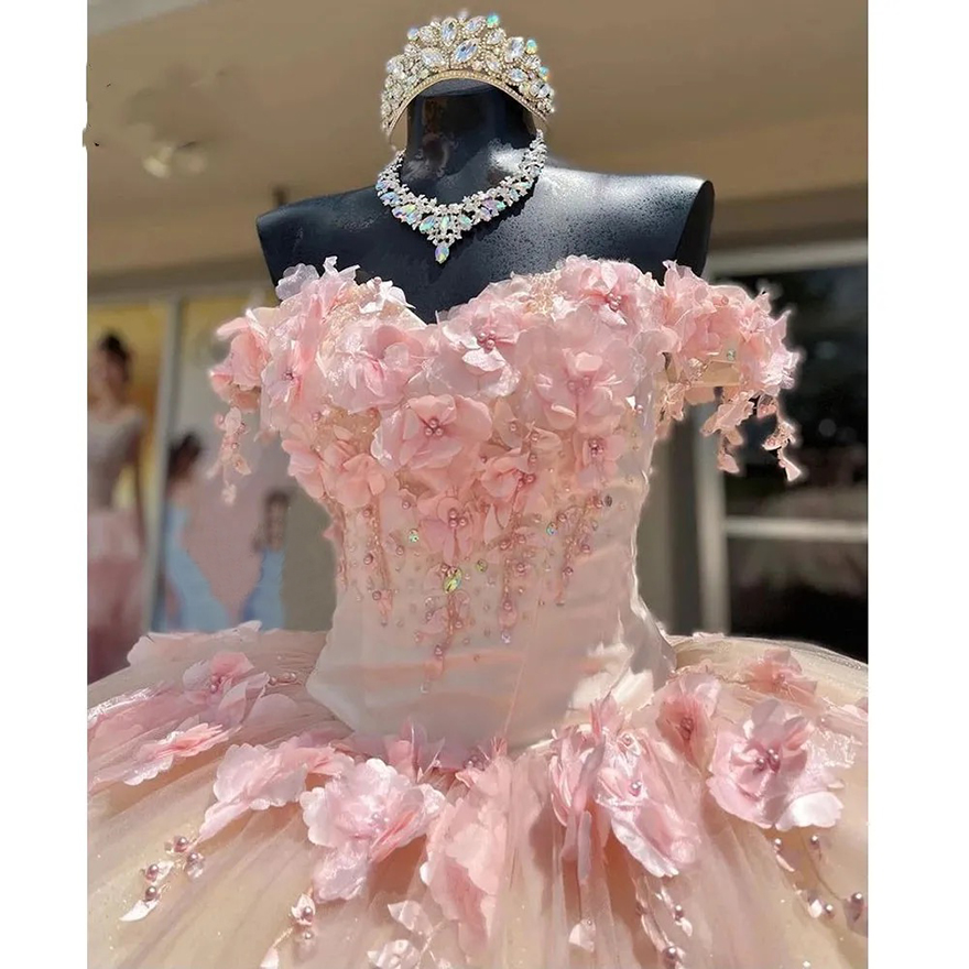 Pink Quinceanera Dresses Sweetheart Ball Gown Vestidos De 15 Anos Fashion 3D Flower Tulle Sweet 16 Princess Party Gown