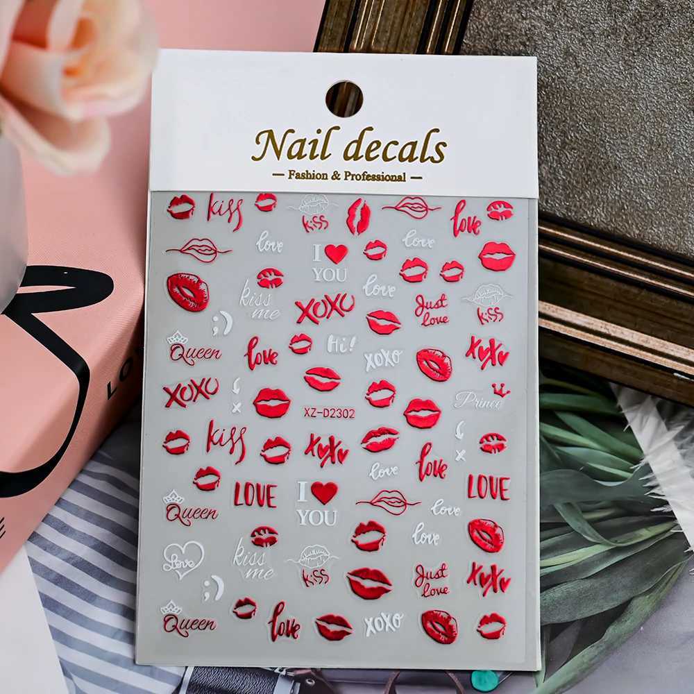 4/6/8/12pcs Red Lip/Love Heart Nail Stickers Valentines Day Nail Decals Self-Adhesive Sexy Red Lips Valentines Nail DecorationXJ250120