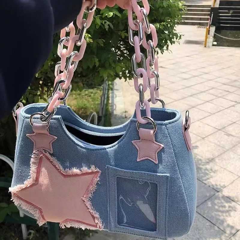 Korean Fi Shoulder Underarm Harajuku Star Tote Denim Bag Chain Ladies Bags Zip Purses Handbags Women 2024 Luxury Square BagXJ250121