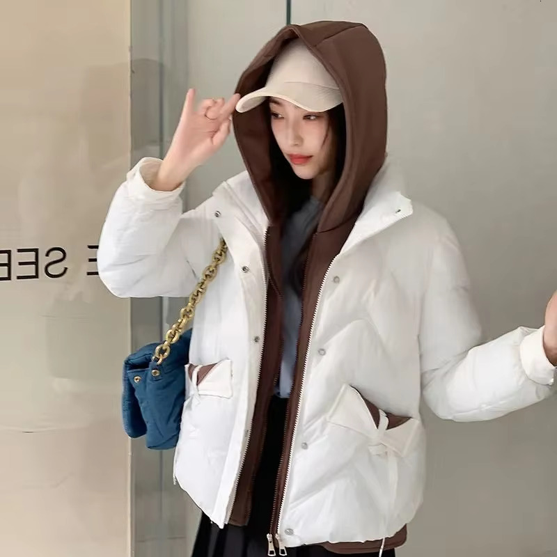 2025 New Winter Fashion Parkas Fake Two Items Short Coats Women's Down Cotton Jacket Thick Hooded Tops Female Casual Outwear