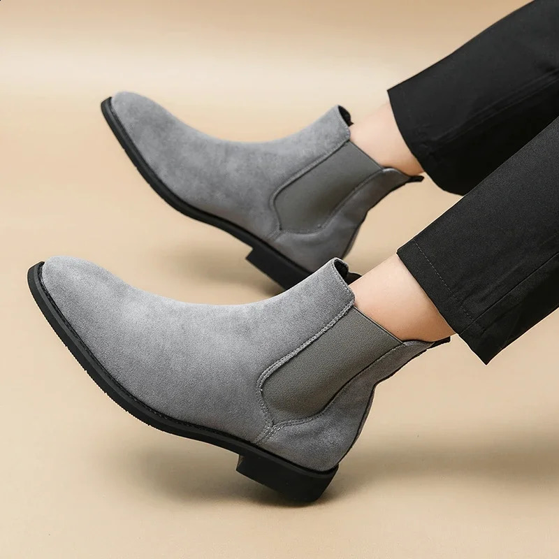 Gray Chelsea Boots for Men Flock Business Men Ankle Boots Cowboy Boots Handmade Men Size 38- Zapatos De Hombre 250120
