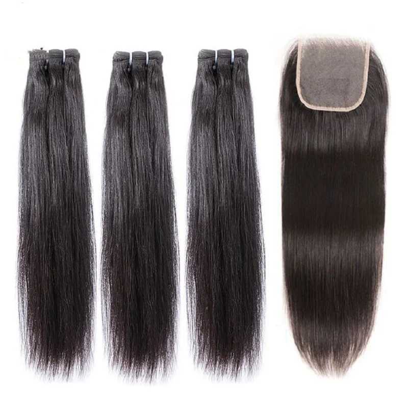 Straight Human Hair Bundles With Clo 3PCS Bundles With 4x4 Transparent Lace Clo Natural Color Hair Extension For WomenXJ250120