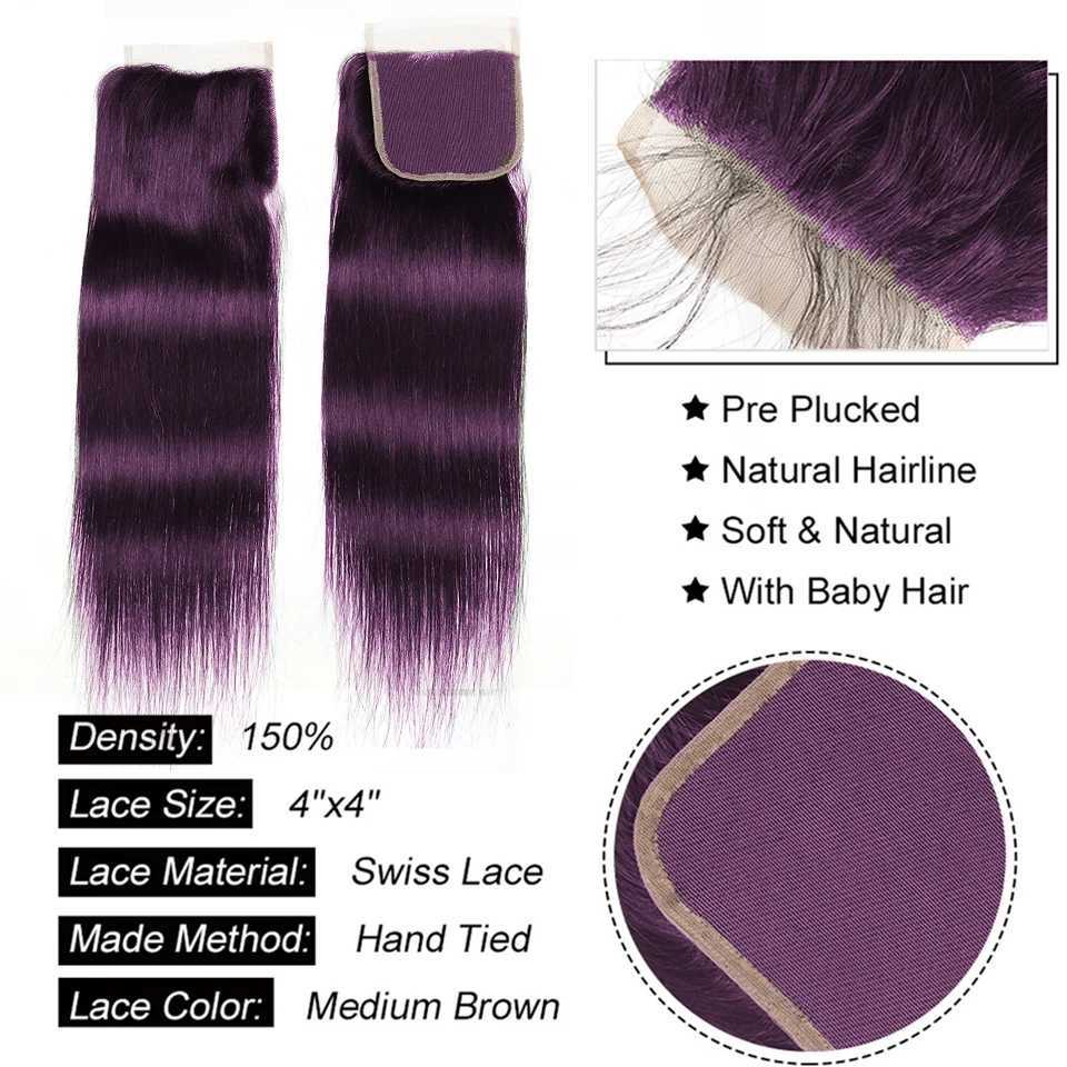 Colored Dark Purple Straight Human Hair Bundles With Clo Lace Clos With Bundles Virgin Hair Weave Bundles With CloXJ250120