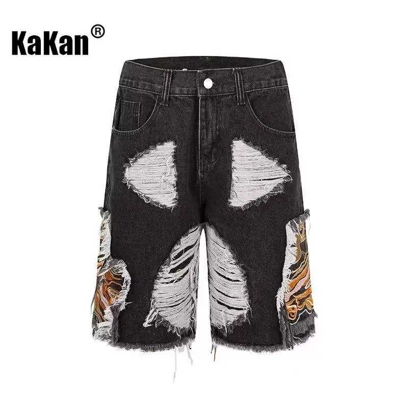 Kakan-Europe and The United States New Embroidery Fringe Jeans Mens High Street Broken Hole Shorts Jeans K27 X250203
